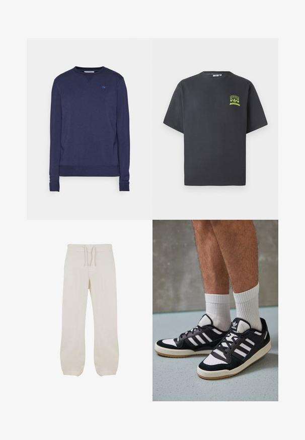 Jūras spēku krāsas kokvilnas džemperis ar apaļu kakla izgriezumu, ribotām aprocēm un apakšmalu, ar mazu zilu "CK" logotipu uz krūšu daļas. Gluda tekstūra.; Tumši pelēkā krāsā Adidas T-kreklā ar īsām piedurknēm un mazu neona zaļa grafiku ar skaļruņiem, sauli un Adidas logo kreisajā krūtī.; Gai bežīgas lina bikses ar gumiju un auklu jostas vietā. Taisna kāju dizains ar gludu tekstūru un vieglu sašaurinājumu pie potītēm.; Melnas un baltas kedas ar zamša un ādas augšdaļu, kas aprīkotas ar trim baltām svītrām, perforētu purngali un gumijas zolēm.