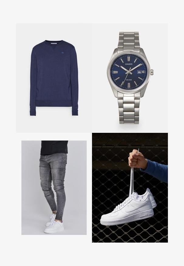 Námořnická bavlněná mikina s kulatým výstřihem, žebrovanými manžetami a spodním lemem, na hrudi má malé modré logo "CK". Hladká textura.; Slim fit džíny v bledě šedém denimovém provedení, s opotřebovanými detaily na kolenou, kombinované s bílými teniskami. Hladká textura, těsný střih.; Bílé kožené tenisky s perforacemi, kulatou špičkou, plochou podrážkou a silnými tkaničkami, které mají viditelné logo swoosh a nápis "AIR" na patě.; Stříbrný nerezový náramkový hodinky s navy modrým ciferníkem, kovovými hodinovými značkami a oknem pro datum na hodině 3. Vodotěsné do 50 metrů.
