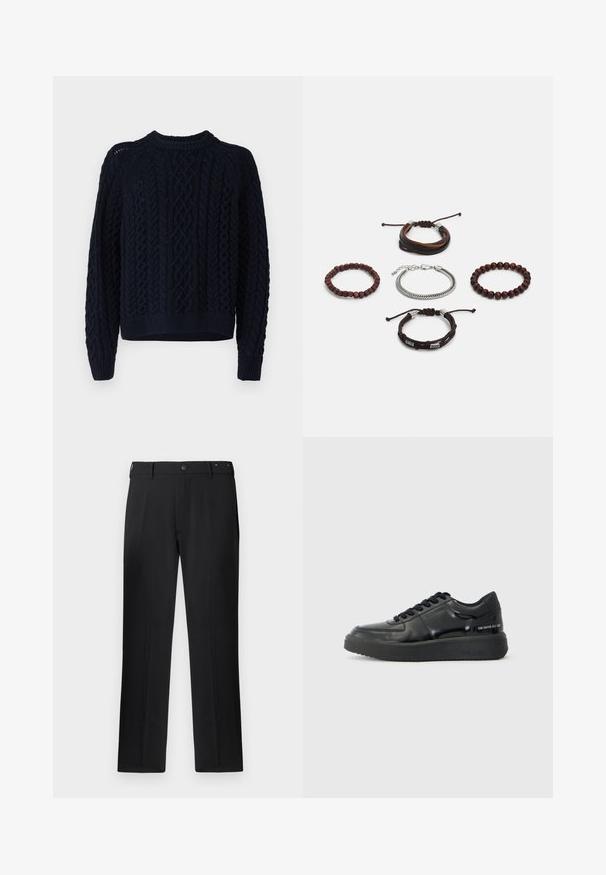 Suéter de punto azul marino con un patrón de trenzado, cuello redondo y puños y dobladillo de canalé. Textura suave, diseño ligeramente recortado.; Pantalones negros con un diseño de pierna recta, cierre de botón y trabillas para cinturón, con una textura suave y sin patrones ni acentos visibles.; Zapatillas de cuero negro con un acabado suave, punta redonda y suela de goma negra de contraste. Presentan cordones planos y un logo en el lateral.; Conjunto de cinco pulseras que presentan cuero marrón, cuentas de madera y una cadena de plata; texturas y formas variadas, con cierres ajustables.