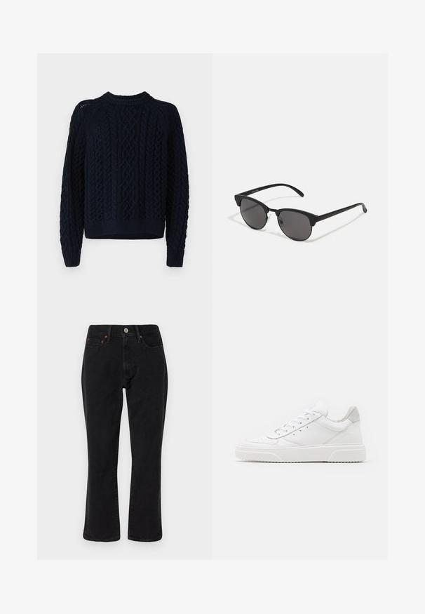 Tamsiai mėlynas megztinis su pynimo raštu, apvaliu kaklu ir raukiniais rankogaliuose bei apatine dalyje. Minkšta tekstūra, truputį trumpesnis dizainas.; Juodi džinsai išdenimo, tiesaus kirpimo, su penkiomis kišenėmis ir metalinėmis detalėmis su vario akcentais. Glotni tekstūra ir vidutinė liemens linija.; Balti odiniai sportbačiai su lygiu paviršiumi, apvaliu pirštu, plokščiomis raištelėmis ir struktūrizuota padu. Pilko zimšo akcentas ant kulno.; Juodos saulės akinių su apvaliais lęšiais, matinio paviršiaus ir išskirtinės katės akies formos. Šlauni rankenos su subtilia ženklinimo detale kairėje šventykloje.