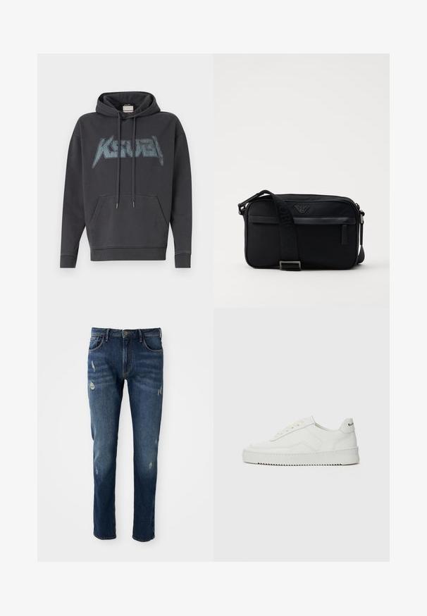 Hooded dukserica u tamno sivoj boji s prednjim kengurskim džepom. Ima veliki, izlizani grafički logo u plavoj boji na prednjem dijelu.; Bijela majica s kratkim rukavima, na kojoj se nalazi ponovljeni crni V-oblikovani uzorak, napravljena od mekanog pamuka, s opuštenim krojem i okruglim izrezom.; Tamno plave traperice slim kroja, s blagim oštećenjem na bedrima i koljenima, klasičnog pet džepnog dizajna i zatvaranjem na gumb.; Bijele kožne tenisice s glatkom površinom, okruglim vrhom, ravnim vezicama i teksturiranom potplatom. Imaju suptilan logo na peti.; Crna najlonska torba za rame s kontrastnom trakom, elegantnog pravokutnog oblika, detaljem s logotipom i džepom sa zatvaračem na prednjoj strani.