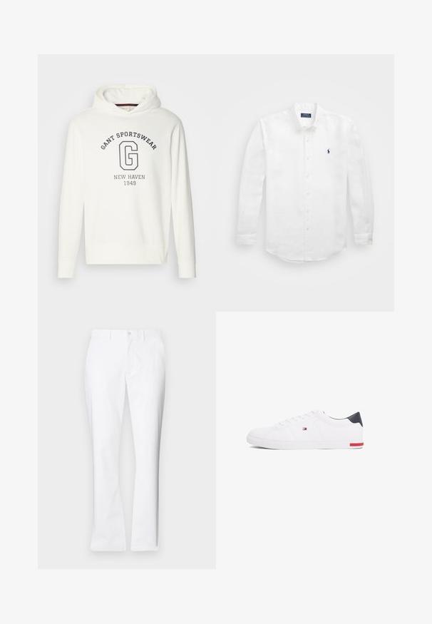 Balta kapuce ar "GANT SPORTSWEAR" tekstu un lielu "G" logo tumši zilā krāsā, ar ribotām piedurknēm un apakšējo malu. Gluda auduma tekstūra.; Balta garām piedurknēm krekls no kokvilnas ar pogāmu apvalku, ar mazu tumšzilgu logo kreisajā krūtī un klasisku pogu aizdari.; Baltas kokvilnas bikses ar taisnu kāju dizainu, priekšējām kabatām, vienu pogu aizdari un gludu tekstūru.; Baltas zemu topu sporta apavus, kas izgatavoti no gludas ādas. Satura tumši zilu papēža daļu un sarkanu akcentu uz zoles. Seši caurumi šņorēm.