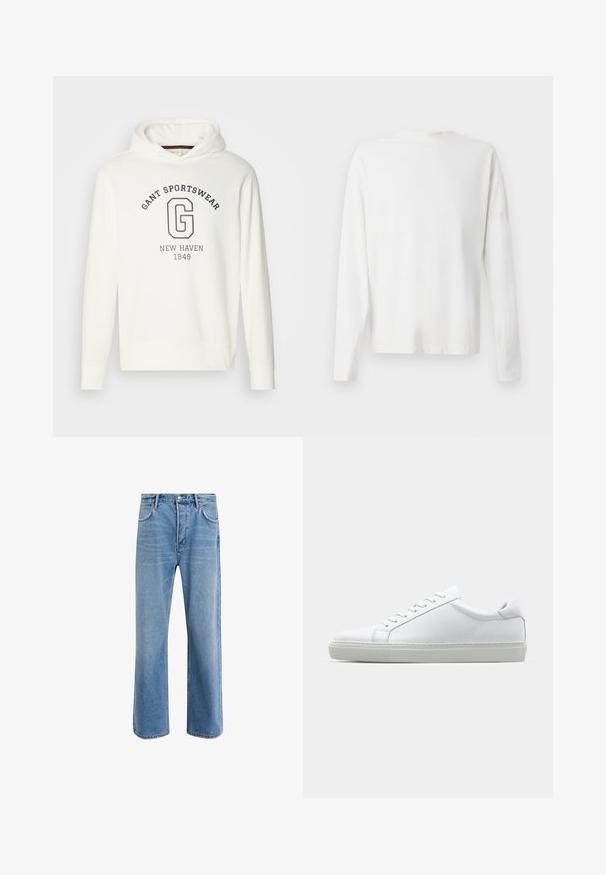 Bílá mikina s kapucí se znakem "GANT SPORTSWEAR" a velkým logem "G" v námořnické barvě, s žebrovanými manžetami a spodním lemem. Hladká textilie.; Bílá bavlněná košile s dlouhým rukávem a kulatým výstřihem, s bočními rozparky na spodní části a hladkým povrchem, vystavená zezadu.; Světle modré džínové kalhoty s rovnými nohavicemi, pěti kapsami, zapínáním na knoflík, minimálním vyblednutím a kontrastním prošitím.; Bílé tenisky s hladkým koženým svrškem a nízkým profilem. Mají zaoblenou špičku, šest nýtů a texturovanou gumovou podrážku.