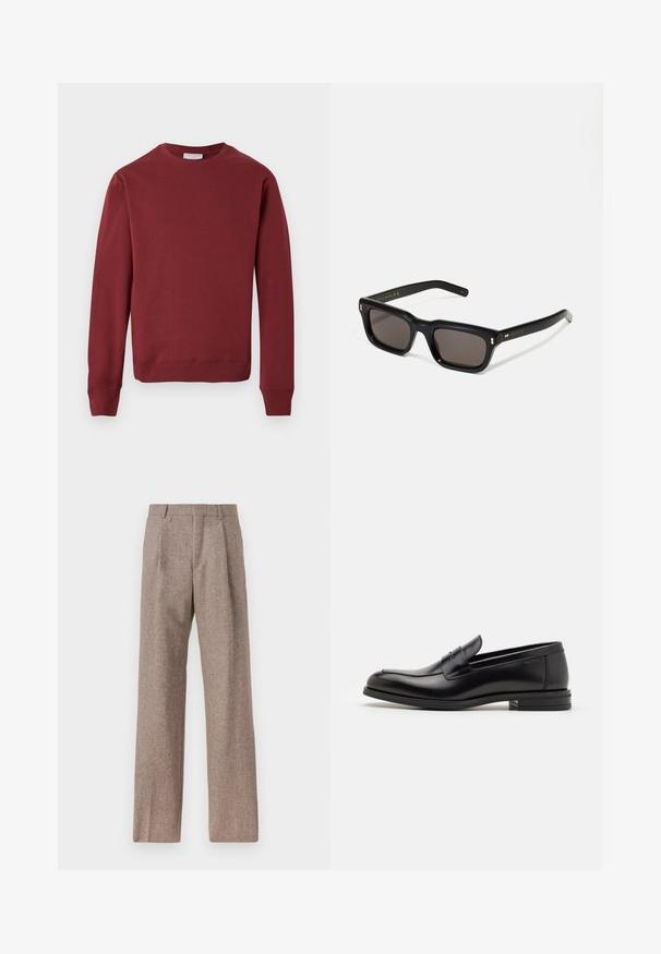 Bordová dlhá mikina s okrúhlym výstrihom a rebrovanými manžetami a lemom, s minimálnym logom na hornej ľavej strane hrudi, na bielom pozadí.; Svetlo modrá košeľa s dlhým rukávom a špicatým golierom, čiernymi gombíkmi a jedinečným výrezom vpredu pre osobitý dizajn.; Hnedé, vysoké nohavice vyrobené z texturovanej látky. Majú široké nohavice a dva predné záhyby pre štruktúru. Úhľadné spracovanie bez viditeľného kovania.; Čierne kožené mokasíny s hladkou textúrou, zaoblenou špičkou a dekoračným pásikom cez priehlavok. Nízky vrstvený opätok, minimalistický dizajn.; Čierne obdĺžnikové slnečné okuliare s tmavými sklami, hrubým plastovým rámom, zlatými detailami na spánkoch a vygravírovaným logom značky na ramene.