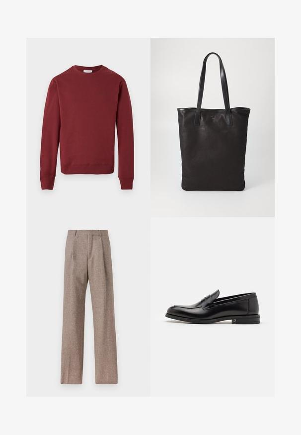 Bordo pikaelgiga pikkade käistega sweatshirth, mille ripsmed on ääres ja varrukaotstes, minimalistlik logo tekst vasakul rinnas, valge tausta ees.; Prunnid, kõrge vöökohaga püksid, mis on valmistatud tekstureeritud kangast. Omavad laiu jalgu ja kahte eesmist voldikut struktuuri jaoks. Korralik viimistlus, ilma nähtava riistvarata.; Mustad mustad nahast loafers sileda tekstuuriga, ümarat ninaosa ja dekoratiivne riba vampi üle. Madal kihiline konts, minimalistlik disain.; Mustmust kott mustade nahkade käepidemetega. Lihtne disain, avar keha ja sile tekstuur. Pole nähtavaid logosid ega mustreid.