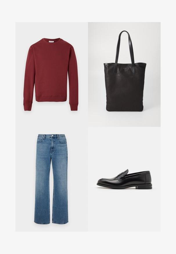 Bordo dolgi rokav crewneck pulover z ribastimi manšeti in robom, minimalno logotipno besedilo na zgornjem levem prsnem delu, postavljeno na belo ozadje.; Modri široki jeans iz denima z izbledelim zaključkom. Imajo pet žepov, sprednje zapiranje na gumb in ravno krojenje.; Črne usnjene loafer čevlje z gladko teksturo, zaobljenim nosom in dekorativnim trakom čez zgornji del. Nizka zložena peta, minimalističen dizajn.; Črna platnena torba s črnimi usnjenimi ročaji. Preprost dizajn, prostorna notranjost in gladka tekstura. Brez vidnih logotipov ali vzorcev.