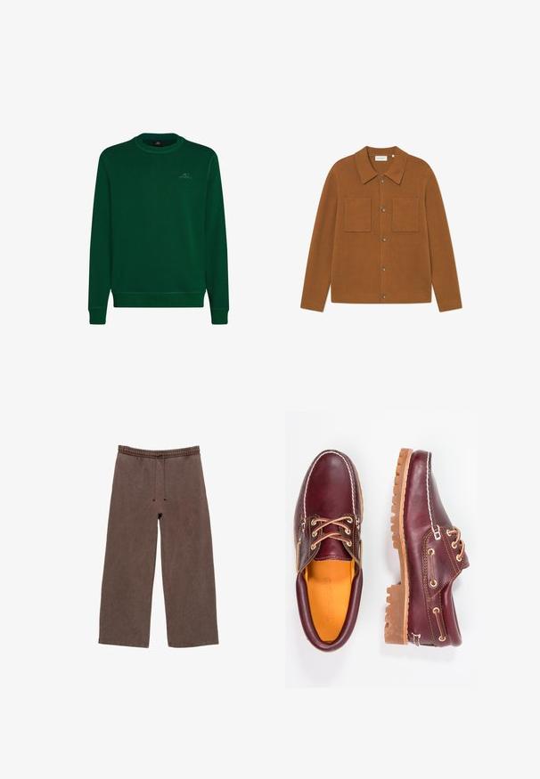 Grøn sweatshirt lavet af blødt stof, har rund halsudskæring, lange ærmer, ribbede manchetter og et lille O'Neill-logo på brystet.; Brun ribbet cardigan med kraveudskæring, to brystlommer og knaplukning foran. Blød tekstur med en afslappet pasform.; Brune bomulds-sweatpants med elastisk talje, justerbar snøre, brede ben og minimal syning detaljer.; Bordeaux lædersko med brune gummisåler, rund tå, hvid syning og gyldne snøringer. Indersiden har et gult for.