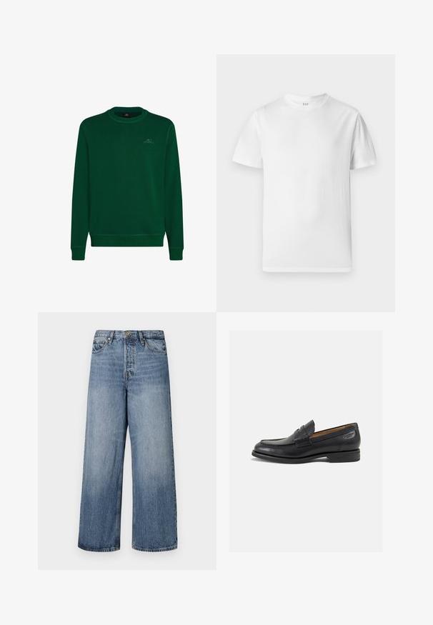 Green sweatshirt made of soft fabric, features a crew neckline, long sleeves, ribbed cuffs, and a small O'Neill logo on the chest.; White short-sleeve t-shirt made of soft cotton. Features a round neckline and a straight hem with minimal detailing.; Wide-leg blue denim jeans with a faded wash, five-pocket design, and a button closure. Equipped with belt loops and stitched detailing.; Black leather loafers with a smooth finish, rounded toe, and decorative stitching on the vamp. Low stacked heel and slight shine.