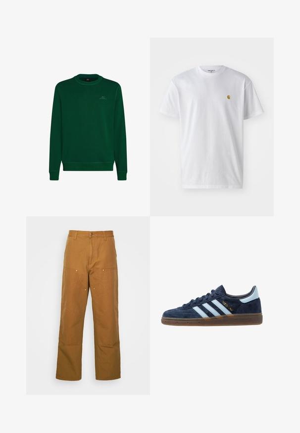 Grüner Pullover aus weichem Material, mit Rundhalsausschnitt, langen Ärmeln, gerippten Bündchen und einem kleinen O'Neill-Logo auf der Brust.; Weißes Baumwoll-T-Shirt mit kurzen Ärmeln, Rundhalsausschnitt, mit einem kleinen goldenen Logo im linken Brustbereich. Weicher Stoff und normale Passform.; Braune Baumwoll-Arbeitshosen mit geradem Bein, die über Vordertaschen und Metallakzente für zusätzliche Strapazierfähigkeit verfügen.; Marineblaue Wildleder Adidas Sneaker mit hellblauen Streifen, Gummisohle, hellblauer Fersenkappe und goldener "Spezial"-Markierung an der Seite.