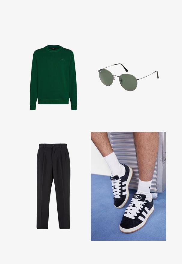 Sweatshirt vert en tissu doux, avec un col rond, des manches longues, des poignets côtelés et un petit logo O'Neill sur la poitrine.; Pantalons noirs avec un design de devant plissé, fabriqués à partir d'un tissu lisse. Comprend une fermeture par bouton et des passants de ceinture ; coupe droite.; Baskets en suede noir avec des lacets blancs et trois rayures blanches. Présente un logo circulaire noir sur la languette et une semelle en caoutchouc beige.; Lunettes de soleil en métal avec des verres ovales verts. Monture en métal argenté mince et embouts d'oreille noirs. Design minimaliste, sans logos visibles.