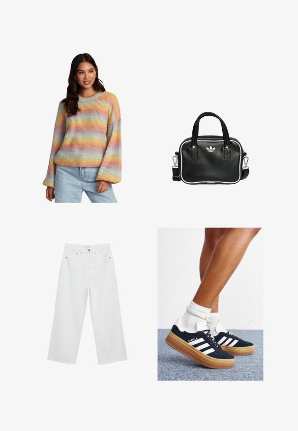 RVCA DIP IN -POUR - Stickad tröja - bes; Vita vida jeans i denim med hög midja, med fem fickor och metalldetaljer. Slät textur, inga synliga mönster.; Svarta sneakers i mocka med vita ränder och detaljer, rundad tå, yttersula i gummiblandning, kombinerade med vita ribbade crew-strumpor.; Svart läderhandväska med två korta handtag, silverfärgade detaljer, vita accenter och en vit logotyp. Har en texturerad yta och en kompakt design.