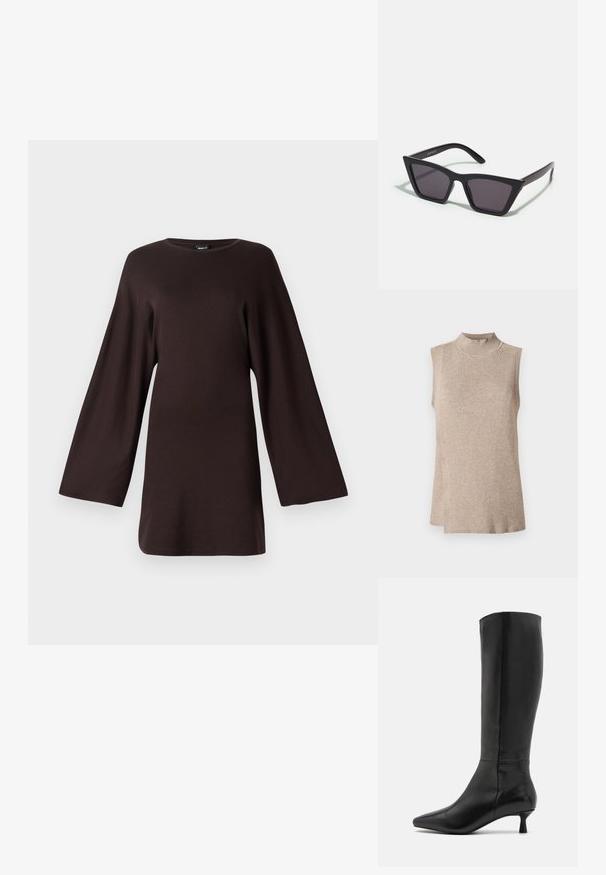 Beżowy bezrękawnik z wysokim, ribbowanym kołnierzem, charakteryzujący się teksturowanym wzorem dzianiny i asymetrycznym dołem, idealny do warstwowego ubierania.; Ciemnobrązowa bluzka z długim rękawem o luźnym kroju, szerokimi rękawami, okrągłym dekoltem i miękkiej teksturze materiału. Gładka powierzchnia bez widocznych wzorów.; Zign - Kozaki; Czarne, kanciaste okulary przeciwsłoneczne z szarymi soczewkami; wykonane z plastiku, z grubymi zausznikami o gładkiej powierzchni i bez widocznych elementów metalowych.; FALKE UNISEX ciemnobrązowy; Torebka w kolorze burgundowym, wykonana z plecionego materiału, o zaokrąglonym kształcie, z grubym uchwytem i teksturowaną skórą. Posiada gładką, błyszczącą powierzchnię oraz zamek błyskawiczny.