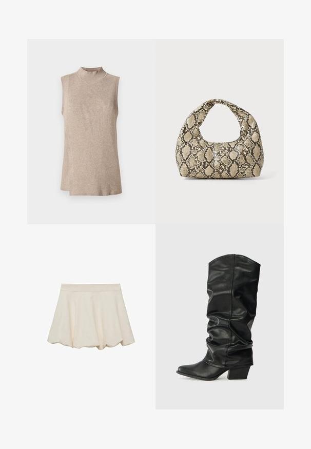 Beige ærmeløs top med en høj ribbet krave, med et tekstureret strikmønster og en asymmetrisk kant, velegnet til lag-på-lag.; Cremefarvet nederdel med en blød, glat tekstur, rundet design og en bølget kant. Har en bred, elastisk talje for komfort.; Sorte læderknæhøje støvler med et skrånet design, spids tå og chunky hæl, der har en glat overflade og minimal syning.; Slangeprint håndtaske med et buet håndtag. Lavet af strukturerede, beige og brune materialer, med et karakteristisk diamantmønster.