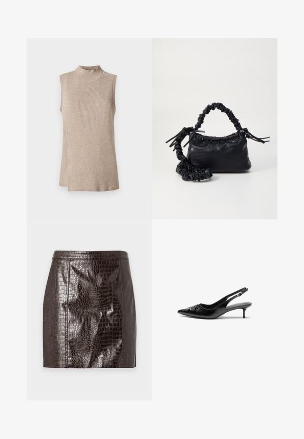 Haut sans manches beige avec un col montant côtelé, présentant un motif tricoté texturé et un ourlet asymétrique, idéal pour les superpositions.; Mini-jupe en simili crocodile marron foncé avec des coutures en panneaux et un ourlet droit.; Des escarpins en cuir noir à talon slingback, avec un bout pointu, un petit talon kitten et un détail de nœud décoratif à l'avant. Texture lisse sur toute la surface.; Sac à main en simili cuir noir avec une texture crocodile, un dessus resserré et une sangle froncée. A l'apparence douce et compacte.