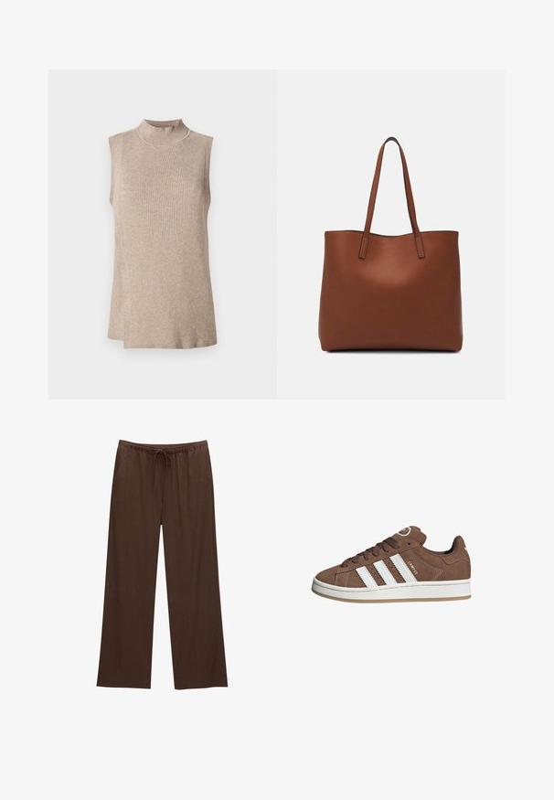 Beige sleeveless top with a high ribbed collar, featuring a textured knit pattern and an asymmetrical hem, suitable for layering.; Brown wide-leg pants made from soft fabric, featuring an elastic waistband with a drawstring and two side pockets.; Brown suede sneakers with white leather stripes, rubber sole, rounded toe, and lace-up front. Features a logo on the tongue and perforated accents.; Brown leather tote bag with a smooth texture, open top design, and two shoulder straps. Features minimal stitching and no visible hardware.