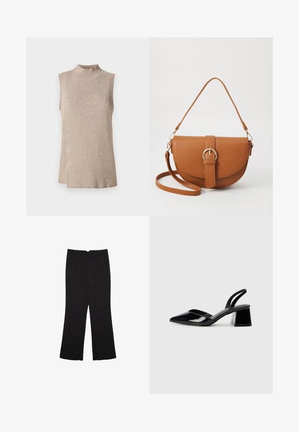 Beige ærmeløs top med en høj ribbet krave, med et tekstureret strikmønster og en asymmetrisk kant, velegnet til lag-på-lag.; Sorte bukser med lige pasform, der har frontlommer og slidser i kanten. Lavet af blødt, glat stof. Velegnet til forskellige anledninger.; Sorte patentlæder slingback hæle med spids tå og en geometrisk blok hæl. Har et elegant, minimalistisk design og en glat tekstur.; Brun læder crossbody taske med en buet form, guldfarvet hardware og en spændeaccent. Har en aftagelig skulderrem.