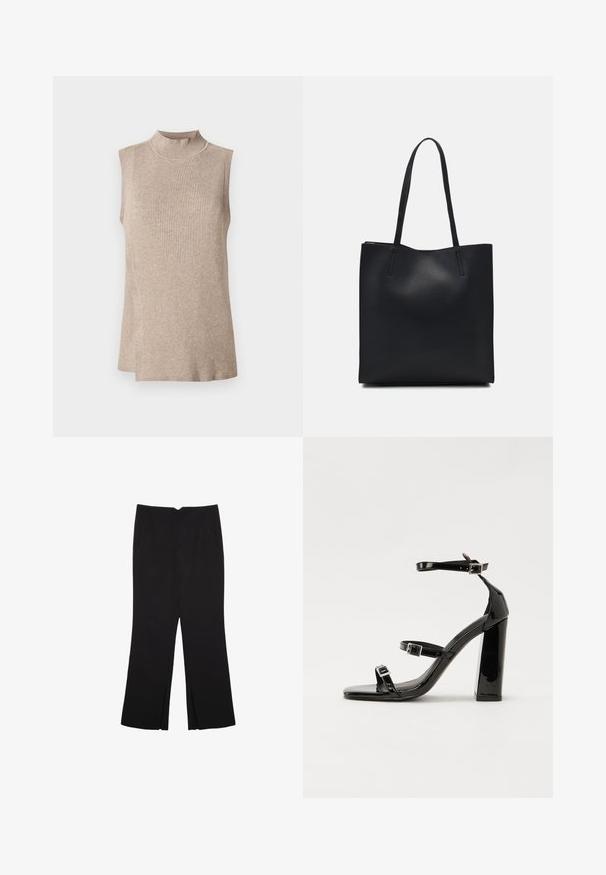 Beige ärmelloses Oberteil mit hohem Rippkragen, das ein strukturiertes Strickmuster und einen asymmetrischen Saum aufweist, ideal zum Schichten.; Schwarze Hose mit geradem Schnitt, ausgestattet mit Fronttaschen und Seitenschlitzen am Saum. Hergestellt aus weichem, glattem Stoff. Geeignet für verschiedene Anlässe.; Schwarze patentierte Sandalen mit Absatz, quadratischer Spitze, Knöchelriemen und silbernen Schnallen. Mit einem stabilen Blockabsatz für mehr Stabilität.; Schwarze Laptoptasche aus Leder mit glatter Textur, rechteckiger Form und zwei langen Griffen. Keine sichtbaren Beschläge oder Verzierungen.