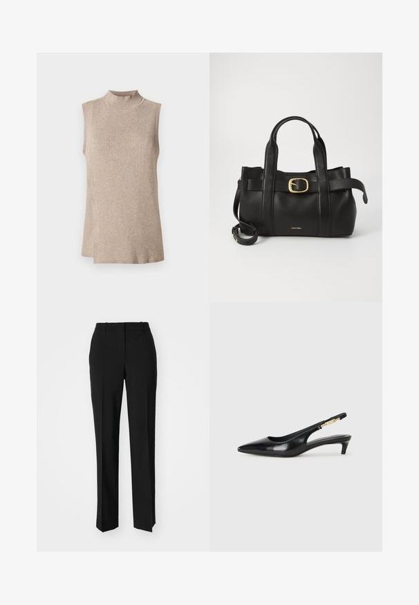 Haut sans manches beige avec un col montant côtelé, présentant un motif tricoté texturé et un ourlet asymétrique, idéal pour les superpositions.; Pantalon noir ajusté avec une coupe droite, présentant une texture lisse et des plis nets sur le devant. Aucune quincaillerie visible.; Talons hauts en cuir noir avec un bout pointu, dotés d'un talon fin et d'un accent en ton or sur la lanière réglable. Texture lisse.; Sac à main en cuir noir présentant un design structuré, deux poignées supérieures, un accent de boucle en ton doré et un logo de la marque en relief à l'avant.