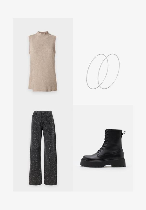 Haut sans manches beige avec un col montant côtelé, présentant un motif tricoté texturé et un ourlet asymétrique, idéal pour les superpositions.; Noisy May NMJANNEL LOOSE - Jean boyfriend - black denim; Bottines en cuir noir avec un bout rond, un laçage à l'avant et une épaisse semelle en caoutchouc dotée d'un motif texturé. Tirer au dos.; Boucles d'oreilles en argent au design minimaliste. Forme circulaire, texture lisse et profil fin. Légères avec une finition polie.
