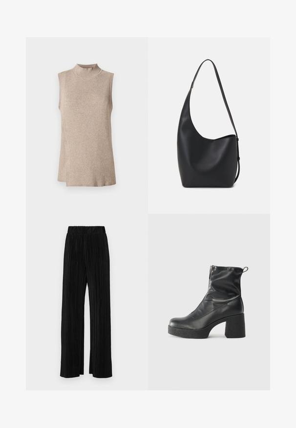 Haut sans manches beige avec un col montant côtelé, présentant un motif tricoté texturé et un ourlet asymétrique, idéal pour les superpositions.; Pantalons plissés noirs avec une taille élastique. Présente des jambes larges et un tissu lisse texturé avec des rayures verticales.; Bottes noires à la cheville en cuir lisse, dotées d'une fermeture éclair sur le côté, d'un talon épais texturé et d'une conception à bout rond.; Sac hobo en cuir noir avec une texture lisse, une forme incurvée et une seule sangle réglable ; dispose d'une large ouverture en haut.