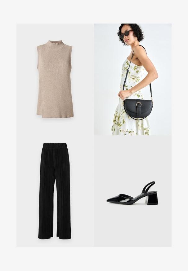 Bežová tielko bez rukávov s vysokým rebrovaným golierom, so štruktúrovaným pleteným vzorom a asymetrickým lemom, vhodné na vrstvenie.; Čierne plisované nohavice s elastickým pásom. Majú široké nohavice a hladkú, textúrovanú látku s vertikálnymi pruhmi.; Čierne lakované kožené sandálové podpätky s špicatou špičkou a geometrickým blokovým podpätkom. Disponujú elegantným, minimalistickým dizajnom a hladkým povrchom.; Čierna kožená kabelka s zaobleným tvarom, odnímateľným popruhom a zlatými doplnkami. Kabelka má klopu s detailom s prackou.