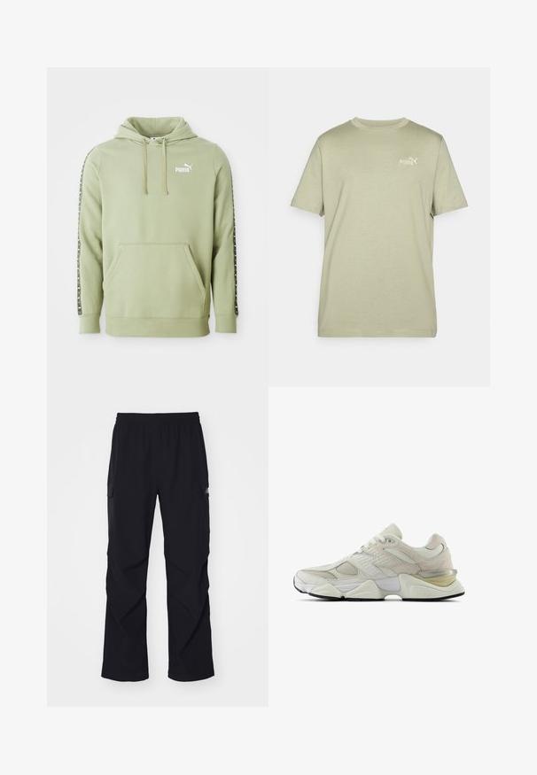 Light green Puma hoodie with front pocket, logo on chest, drawstring hood, and branded stripe accents down the sleeves.; Olive green t-shirt with a round neck and short sleeves. Features a small white Puma logo on the chest. Made of soft, lightweight fabric.; Black cargo pants made of lightweight material, featuring an elastic waistband, side pockets, and a straight leg design.; White sneaker with mesh and suede upper, rounded toe, and padded collar. Features reflective accents and a thick, textured sole.