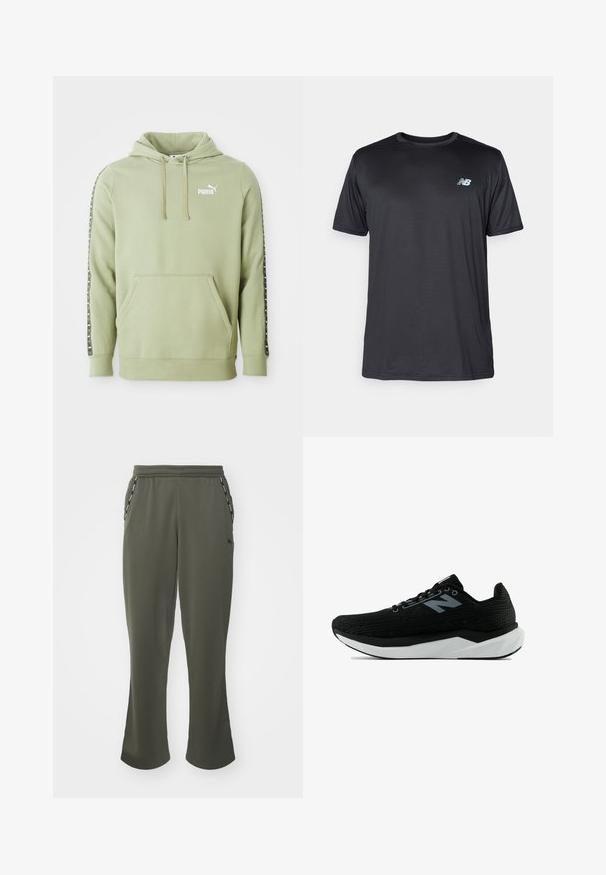 Light green Puma hoodie with front pocket, logo on chest, drawstring hood, and branded stripe accents down the sleeves.; New Balance Sports T-shirt - black; Olive green sweatpants with a relaxed fit, elastic waistband, side pockets, and contrasting black accents along the pockets. Soft fabric texture.; Black athletic shoe with patterned mesh upper, white midsole, and black outsole. Features black laces and a subtle logo in light gray.