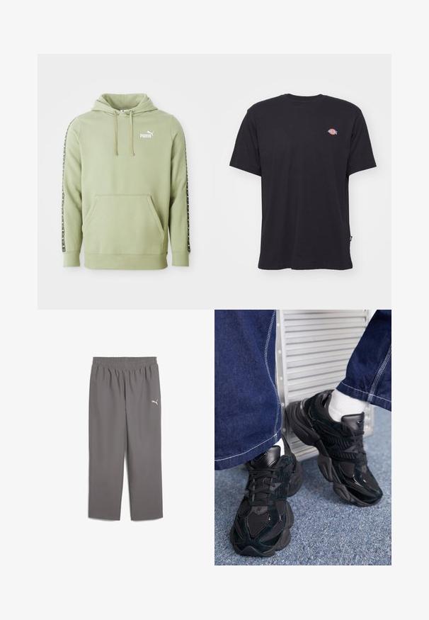Šviesiai žalia Puma kapučino striukė su priekiu kišene, logotipu ant krūtinės, reguliuojamu kapučinu ir prekės ženklo juostomis, einančiomis per rankoves.; Juodas medvilninis marškinėliai trumpomis rankovėmis, apvaliu iškirpimu ir mažas spalvingas logotipas kairėje krūtinės pusėje. Turi tiesų apatinį kraštą.; Pilkos sportinės kelnės su elastinga juosmeniu, pagamintos iš lengvos medžiagos. Pasižymi maža balta logo ant kairiojo kojos.; Juodi sportbačiai, kuriuose derinamos tekstūruotos ir lygios medžiagos, išryškinta raištelių sistema ir masyvus padas, derinami su tamsiomis džinsinėmis kelnėmis.