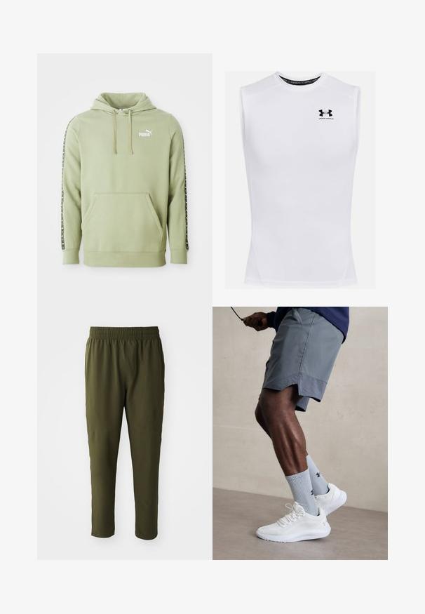 Svijetlozeleni Puma dukserica s prednjim džepom, logotipom na prsima, kapuljačom s uže i označenim trakama duž rukava.; Bijela bezrukavna sportska majica napravljena od tkanine koja odvodi vlagu. Sadrži okrugli izrez, ravne šavove i crni Under Armour logo na prsima.; Maslinasto zelene hlače izrađene od glatkog, laganog materijala. Imaju elastičnu traku u struku i sužene noge s ušivenim detaljima.; Bijele sportske tenisice s teksturiranim mrežastim gornjim dijelom, uparene s svijetlo plavim rebrastim čarapama s logotipom. Sive sportske šortse s perforiranim rubom.