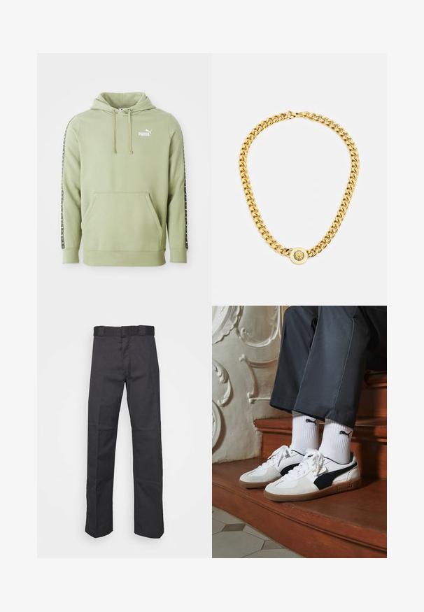 Light green Puma hoodie with front pocket, logo on chest, drawstring hood, and branded stripe accents down the sleeves.; Black pants made of durable fabric, featuring a straight leg design, a waistband with belt loops, and seams for added texture.; Puma sneakers in white and black suede, featuring a brown rubber sole. Paired with white socks displaying a black logo, worn with dark pants.; Gold chain necklace with large interlocking links, featuring a circular pendant detail at the center with a raised emblem.