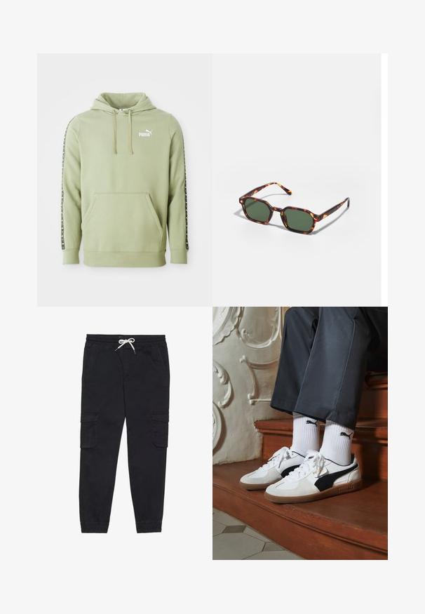 Ljusgrön Puma-hoodie med framficka, logotyp på bröstet, dragsko vid huven och märkesstripe-accenter längs ärmarna.; Svarta cargobyxor i bomull, med elastisk midja och snörning, sidofickor och avsmalnande benslut.; Puma-sneakers i vit och svart mocka, med en brun gummisula. Kombinerade med vita strumpor som visar upp en svart logotyp, bärs tillsammans med mörka byxor.; Sköldpaddsbeslag av solglasögon med gröna linser, vinklade i en oktagonal form och med smala, böjda skalmar. Materialet har en glansig yta.