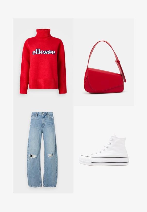 Rød strikket genser med høy ribbestrikket krage. Har horisontal ribbing på hem og mansjetter. "ellesse"-logoen er fremtredende i blått og hvitt.; Lyseblå høytlivsjeans laget av denim. Har vide bein, to revne knær og klassisk fem-lommers design.; Hvit høy-skinn kanvas sneakers med svart gummisåle, gummitåhette foran og seks hull for snorer, med et rent, minimalistisk design.; Rød lærveske med en vinklet, geometrisk design. Har en enkelt justerbar stropp og en klaffelukking med sydd detaljer.