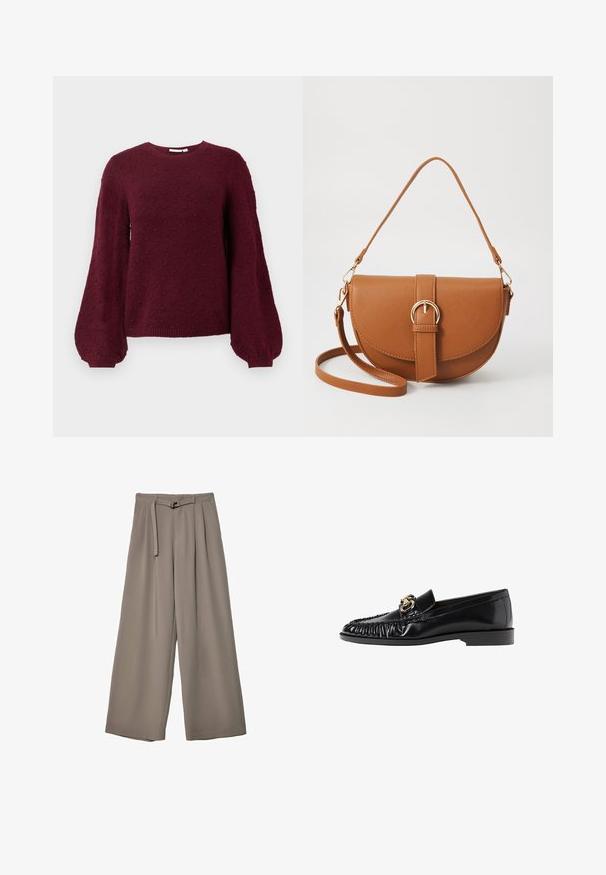Bordeauxstickad tröja med en texturerad bobble-mönster, rund halsringning och ballongärmar med ribbade manschetter.; Breda byxor i ett mjukt, dämpat grått tyg, med belagd midja och veck för extra designdetaljer. Slät textur, inga mönster.; Svart läderloafer med rund tå, samlad textur och guldaccenter. Låg klack och slät finish genom hela skon.; Brun läder crossbody-väska med en böjd form, gyllene detaljer och en spänneaccent. Har en avtagbar axelrem.