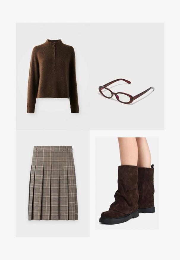 Barna bolyhos kötött pulóver hosszú ujjakkal, magas bordás gallérral, valamint elől és a mandzsettákon hat fekete gombbal ellátott gombolással.; Szürke kockás szoknya redőkkel, sötét és világos árnyalatok elegyével és finom rózsaszín vonalakkal. Texturált anyagból készült, derékpánttal.; Barna velúr, középig érő csizmák fekete gumitalppal, mezítláb viselve, a csizma szárán enyhe gyűrődések láthatók.; Ovális alakú piros napszemüveg átlátszó lencsékkel és karcsú barna kerettel. A dizájn diszkrét íveket és minimális szerelvényeket mutat.