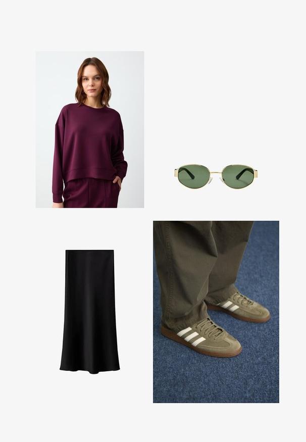 Burgundowy krótki sweatshirt z długimi rękawami, okrągłym dekoltem i prążkowanymi mankietami. Miękka, teksturowana tkanina i luźny krój.; Czarna spódnica midi z gładkiego, lekkiego materiału. Charakteryzuje się prostym krojem, brakiem widocznych elementów metalowych oraz minimalistycznym wzornictwem bez nadruków.; Zielone zamszowe trampki z trzema białymi paskami, brązową gumową podeszwą i teksturowanymi sznurowadłami, zestawione z oliwkowymi spodniami na niebieskim dywanie.; Złote okulary przeciwsłoneczne w metalowej oprawie z zielonymi soczewkami, o owalnym kształcie, czarnymi zausznikami i przezroczystymi noskami. Czysty, minimalistyczny design.