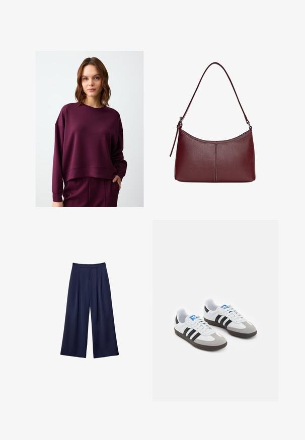 Burgundowy krótki sweatshirt z długimi rękawami, okrągłym dekoltem i prążkowanymi mankietami. Miękka, teksturowana tkanina i luźny krój.; Granatowe spodnie typu wide-leg z plisami, zapinane w pasie na guziki, z szlufkami na pasek, pokazane na płasko na białym tle.; Buty sportowe z białą skórzaną cholewką, szarym zamszowym noskiem i trzema czarnymi paskami. Posiadają niebieskie logo na języku oraz teksturowaną gumową podeszwę.; Bordowa torebka skórzana o zaokrąglonym kształcie, z jednym paskiem na ramię i przeszyciami w centrum. Gładka faktura, minimalna ilość elementów metalowych.
