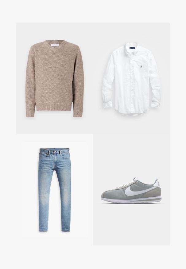Maglione beige lavorato a maglia con scollatura a V, caratterizzato da un motivo testurizzato e polsini e orlo a coste. Realizzato in un materiale morbido e caldo.; Camicia bianca a maniche lunghe con bottoni in cotone. Presenta un colletto classico, polsini a bottone e un piccolo logo ricamato in blu navy sul petto.; Jeans slim fit blu chiaro con leggere sfumature sulle cosce, chiusura con bottone anteriore, passanti per cintura e cinque tasche su uno sfondo bianco.; Scarpa sportiva grigia con tomaia in camoscio e tessuto, swoosh Nike bianco e lacci bianchi. Presenta una suola in gomma testurizzata e un collare imbottito.