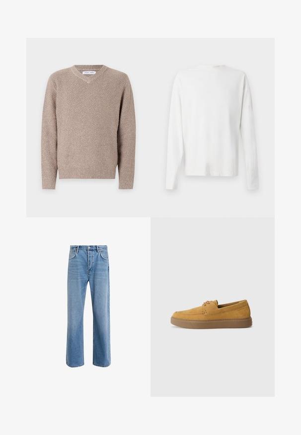 Beige strikkegenser med V-hals, med et teksturert mønster og ribbede mansjetter og kant. Laget av et mykt, varmt materiale.; Langermet hvit bomullsskjorte med rund hals, sidespalter nederst og en jevn tekstur, vist fra baksiden.; Lys blå denimjeans med rett ben-design, fem lommer, knappeåpning, minimal falming og kontrasterende sømdetaljer.; Brune suedepantofer med teksturert overflate, rund tå, og kontrasterende gummisåle. Har subtil merkevare ved hælen.