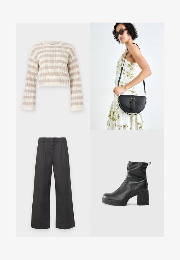 Adīta džemperis krēmkrāsā un bēšā, ar platiem piedurknēm, horizontālām svītrām un saīsinātu piegriezumu ar viļņotām malām.; Melnās platās bikses, kas izgatavotas no auduma, kurām ir augsts viduklis, priekšējās kroku un smalkas kabatas. Gluda faktūra ar tīru apdari.; Melni potītes zābaki, kas izgatavoti no gludas ādas, ar sānu rāvējslēdzēju, masīvu strukturētu papēdi un noapaļotu purngalu.; Melnas ādas rokassoma ar izliekta formu, noņemamu siksnu un zelta aksesuāriem. Somai ir vāciņš ar sprādzes detaļu.