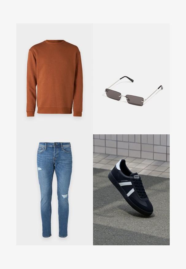 Jack & Jones JJEBRADLEY CREW - Sweatshirt - mocha bisque; Fadede blå denim jeans med slim fit, der har slidte områder ved knæene, en knaplukning og fem-lomme design.; Sort lædersneaker med hvide striber, tekstureret gummisål og snørrebånd foran. Har et brandet mærke på tungen.; Solbriller med rektangulære, mørke grå linser, sølv metalrammer og sorte plastiks spidser på stængerne. Letvægtsdesign med næsepuder.