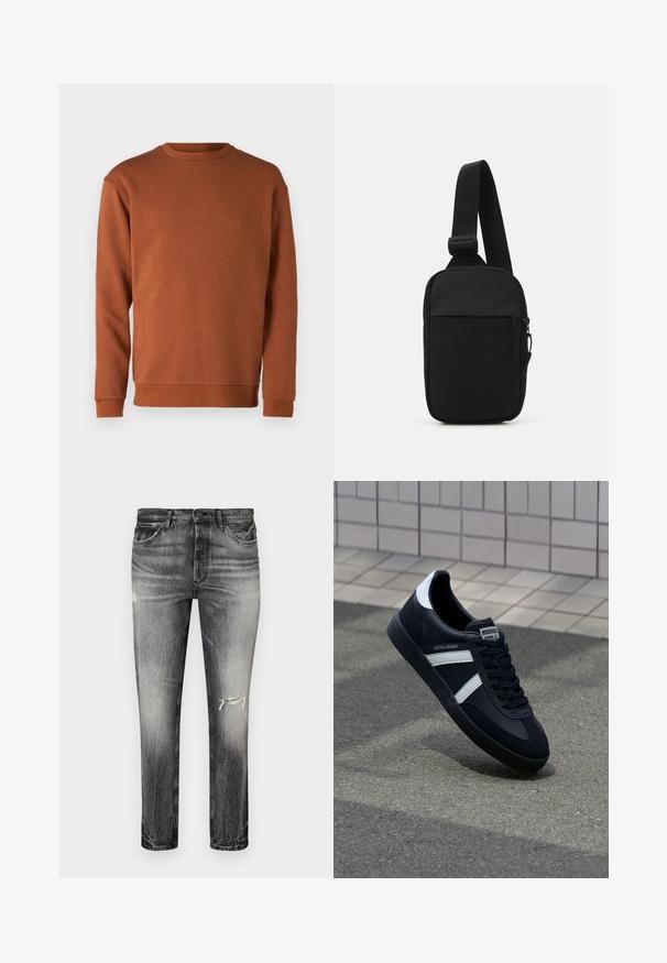 Jack & Jones JJEBRADLEY CREW - Sweatshirt - mocha bisque; Jean en denim noir décoloré avec une coupe droite, présentant des zones effilochées, des poches avant et une fermeture à bouton classique.; Sneaker en cuir noir avec des rayures blanches, semelle en caoutchouc texturée et devant à lacets. Présente une étiquette de marque sur la languette.; Sac bandoulière noir en tissu durable, avec une seule sangle ajustable, un compartiment principal zippé et une poche avant.