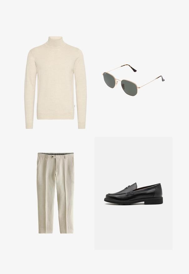 Beige coltrui gemaakt van zachte gebreide stof. Heeft lange mouwen en een slim-fit ontwerp, met ribbelboord aan de hals en mouwen.; Next SIGNATURE - REGULAR FIT - Broek - neutral; Zwarte synthetische loafers met een opvallende gestikte voorkant, gevoerde binnenzool en platte rubberen buitenzool; slank ontwerp met minimale details.; Gouden metalen zonnebril met donkergroene lenzen, aviator-stijl, met slanke scharnieren en schildpad-accenten op de uiteinden.
