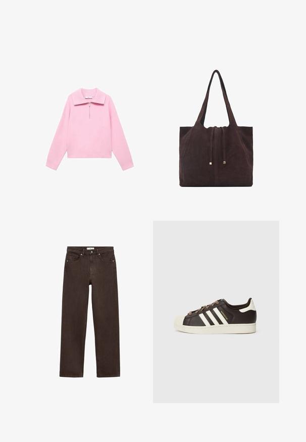 Roza skrajšani pulover s visokim ovratnikom in pol zadrgo spredaj. Ima dolge rokave in gladko, mehko teksturo. Brez vzorcev ali okraskov.; Rjave široke kavbojke iz denima, s klasičnim pet-žepnim dizajnom, gumbom za zapiranje in diskretnimi detajli šivanja.; Nizki adidas Superstar copat iz temno rjavega usnja s kremasto školjkasto konico, belimi črtami in napisom "Superstar" na strani.; Mango Torba za nakupovanje - dark brown