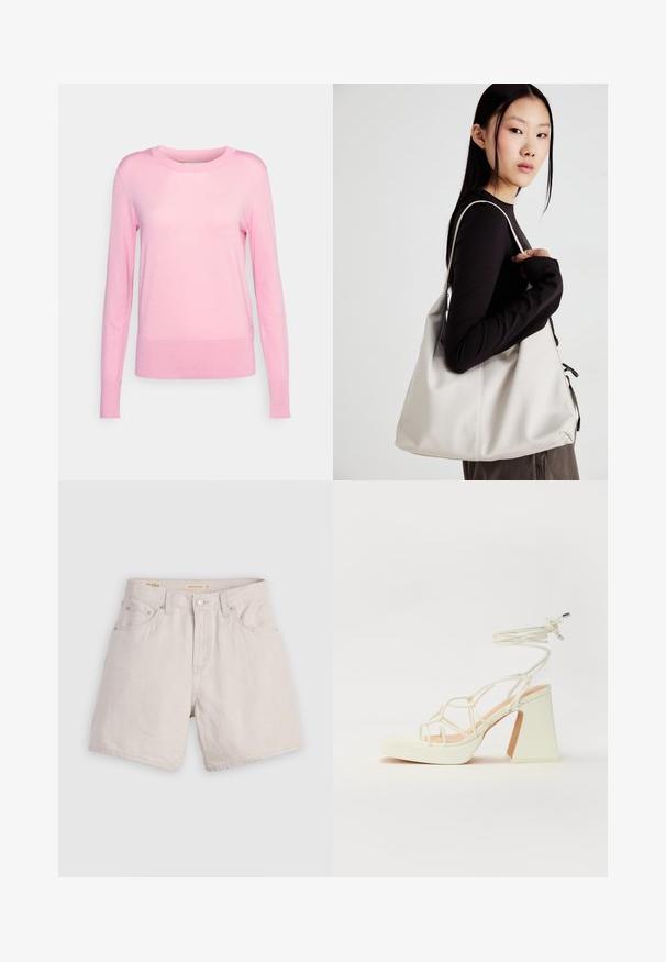 Lindex SWEATER TAYLOR - Camisola - light dusty pink; Shorts de denim bege de cintura alta com fecho de botão à frente, passadores para cinto e design de cinco bolsos; leve com uma textura suave.; Sandálias brancas de salto alto com um salto robusto, apresentando um design com tiras e amarração no tornozelo. Textura suave com uma plataforma na frente para altura adicional.; Uma bolsa bege feita de material macio, com um design descontraído, detalhes de costura e duas alças para o ombro. Adequada para uso diário.