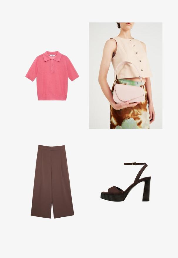Polo a maniche corte di colore rosa chiaro, lavorato a maglia, con colletto e patta con tre bottoni. Tessuto liscio con orlo e polsini a coste.; Pantaloni ampi marroni con una texture liscia, caratterizzati da una vita alta e pieghe frontali. Il tessuto è leggero e scorre liberamente.; Sandal in camoscio marrone con tacco alto, punta aperta, cinturino alla caviglia regolabile e suola a piattaforma striata.; Borsa in pelle rosa con pattina curva, tracolla singola e linee pulite. La borsa presenta una texture liscia e un design minimalista.