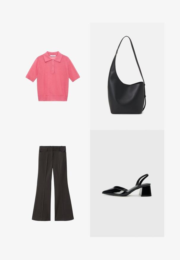 Light pink knitted short-sleeve polo shirt with a collared neck and three-button placket. Smooth texture with a ribbed hem and cuffs.; Black flared trousers with a high waist; features two front pockets and a smooth fabric texture. Suitable for various occasions.; Black patent leather slingback heels with a pointed toe and a geometric block heel. Features a sleek, minimal design and smooth texture.; Black leather hobo bag with a smooth texture, curved shape, and single adjustable strap; features a wide opening at the top.