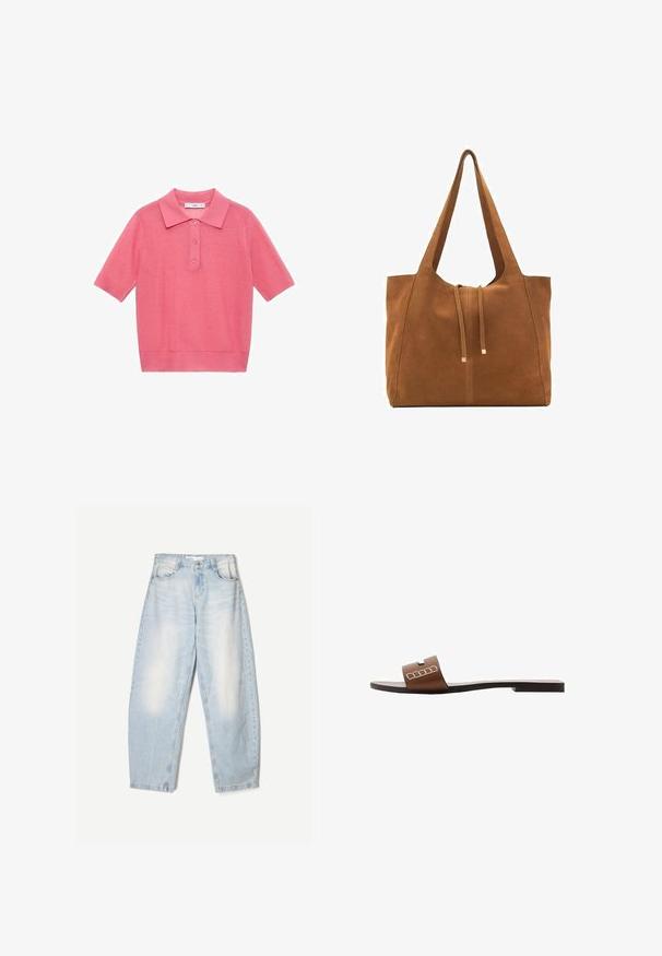 Light pink knitted short-sleeve polo shirt with a collared neck and three-button placket. Smooth texture with a ribbed hem and cuffs.; Light blue denim jeans with a loose fit, featuring a faded finish, two front pockets, and a button closure at the waistband.; Brown leather slide sandal with a flat sole, featuring a wide strap and white geometric accents for minimalistic design.; Brown suede tote bag with two long straps, drawstring closure, and minimalistic design. Smooth texture and no visible hardware accents.