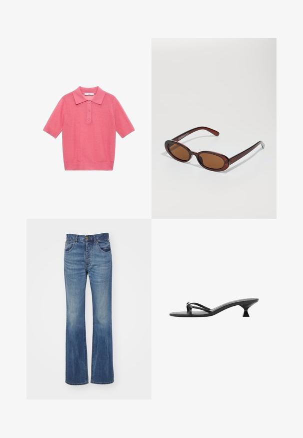 Vaaleanpunainen neulottu lyhythihainen polo-paita, jossa on kauluksen muotoinen kaulus ja kolmipainikepituinen napitus. Sujuva pinta, jossa on ribbireunat hihansuissa ja helmassa.; Siniset farkut leveällä lahkeella ja keskipesulla, joissa on korkea vyötärö, vyölenkit ja etutaskut. Sileä tekstuuri, jossa on vähäistä kulumista.; Mustat korkokengät, joissa on tyylikäs muotoilu, ohuet remmit ja ainutlaatuinen kolmiomainen korko. Pinta on sileä ja ulkoasu minimaalinen.; Pyöreät, ruskehtavat aurinkolasit, joissa on kiiltävä burgundinpunainen runko. Kapeat sivut, joissa on hienovarainen brändäys. Litteät linssit.