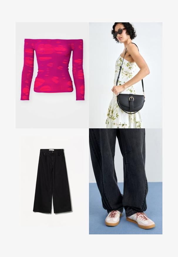 Haut magenta à manches longues et dégageant les épaules, avec un motif de formes découpées irrégulières et translucides sur l'ensemble du tissu.; Bershka WIDE-LEG - Wide Leg - black; Pantalons en denim baggy noirs avec des détails de couture à l'avant, assortis à des baskets blanches et rose avec une semelle en caoutchouc et des lacets roses.; Sac à main en cuir noir avec une forme courbée, bandoulière amovible et des accessoires en or. Le sac est doté d'un rabat avec un détail de boucle.