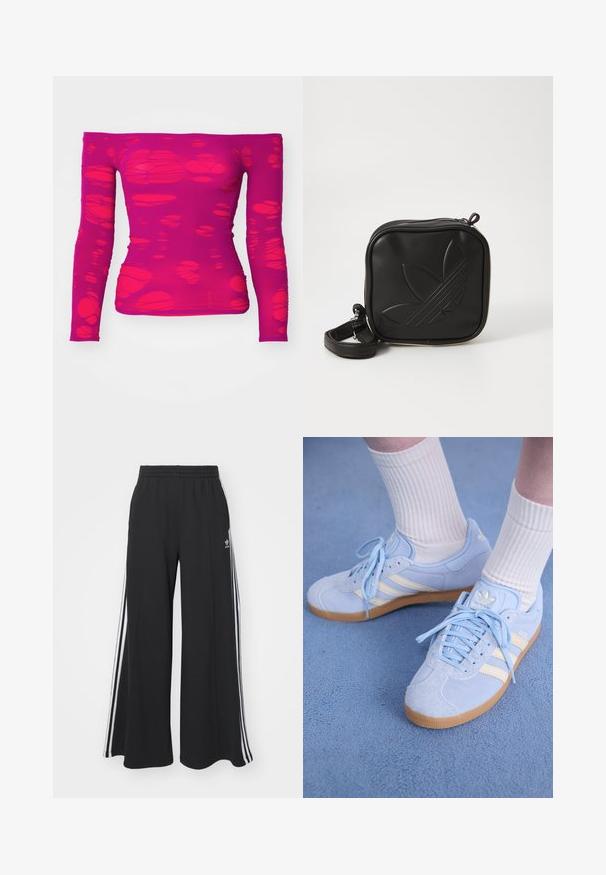 Haut magenta à manches longues et dégageant les épaules, avec un motif de formes découpées irrégulières et translucides sur l'ensemble du tissu.; Pantalons de survêtement larges noirs avec une taille élastique, présentant des rayures blanches sur les côtés et un logo brodé sur la cuisse gauche.; Baskets en daim bleu clair avec des rayures blanches, lacets plats et semelle en caoutchouc gomme. Des chaussettes blanches côtelées sont portées au-dessus de la cheville.; Sac bandoulière noir en matériau synthétique texturé. Présente un design de logo en relief et une bandoulière réglable. Fermeture zippée.